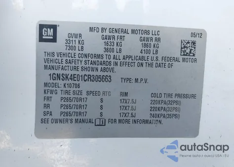 2012 Chevrolet Tahoe Commercial Fleet z USA, uszkodzony, nr VIN 1GNSK4E01CR305663